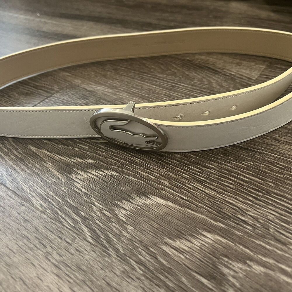 Lacoste White Genuine Leather Belt L 38.5” Silver Crocodile Logo Buckle Y2K - Picture 2 of 7